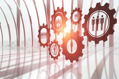 Composite image of digital composite image of gears with human representations Foto stock