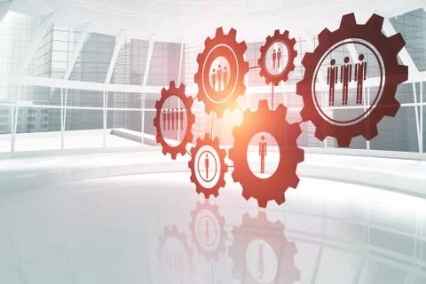 Composite image of digital composite image of gears with human representations 스톡 사진