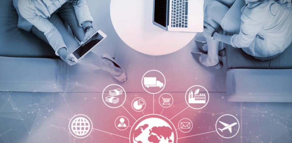 Composite image of digital composite image of globe amidst various icons Foto stock