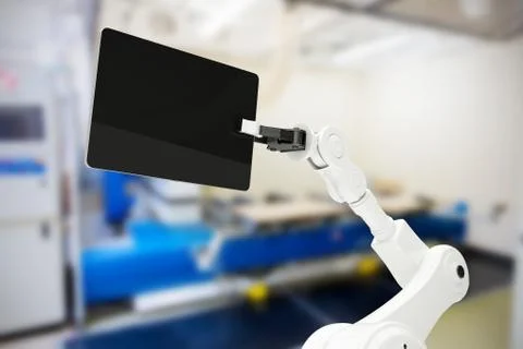 Composite image of digital generated image of robot with digital tablet 3d 库存插图