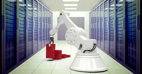 Composite image of digital generated image of robot arranging red toy blocks イラスト素材