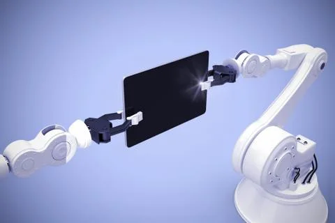 Composite image of digital generated image of robots holding computer tablet 3d イラスト素材