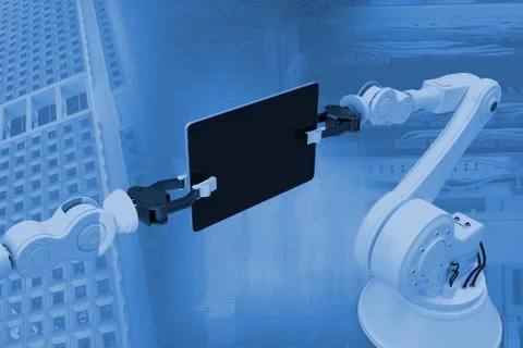 Composite image of digital generated image of robots holding computer tablet 3d 스톡 일러스트
