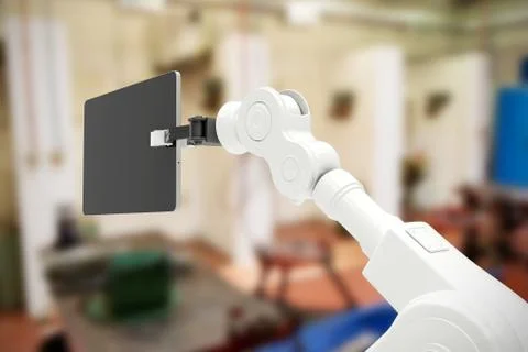 Composite image of digital generated image of robot holding digital tablet 3d Illustrazione stock