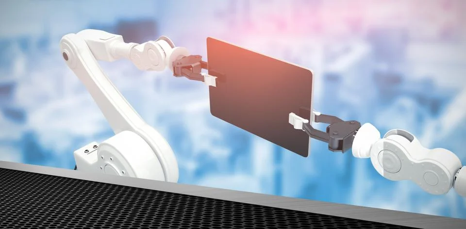 Composite image of digital generated image of robots holding computer tablet 3d Stock Illustration