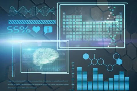 Composite image of digital image of brain with dna helix and graph Stock Illustration