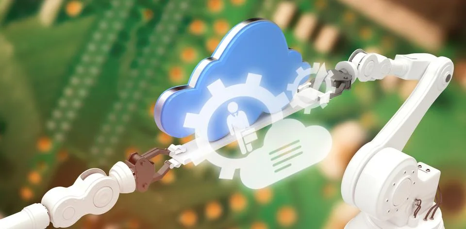 Composite image of digital image of cloud with gears Stock Photos