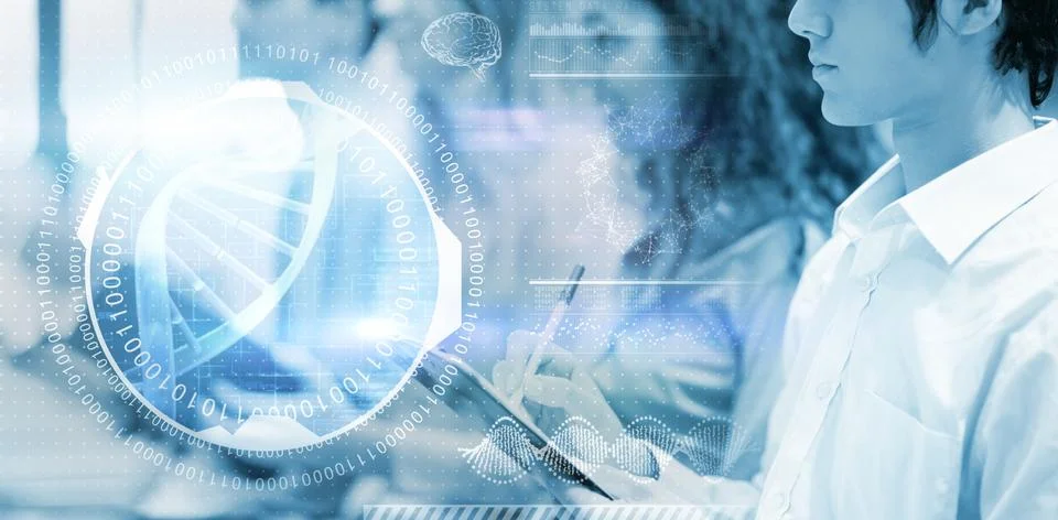 Composite image of digital image of dna helix with numbers Foto stock