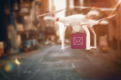 Composite image of digital image of a drone holding a cube Ilustración de archivo