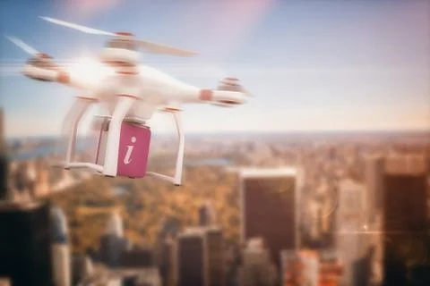 Composite image of digital image of a drone holding a cube Ilustración de archivo