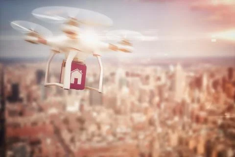 Composite image of digital image of a drone holding a cube Ilustración de archivo