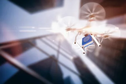 Composite image of digital image of a drone holding a cube Ilustración de archivo