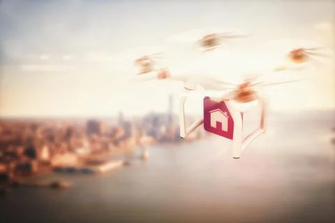 Composite image of digital image of a drone holding a cube Ilustración de archivo