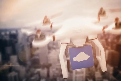 Composite image of digital image of a drone holding a cube Ilustración de archivo