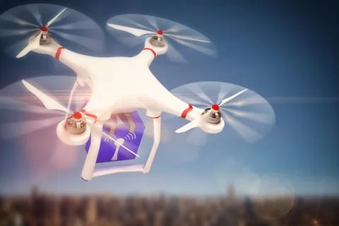 Composite image of digital image of a drone holding a cube Ilustración de archivo