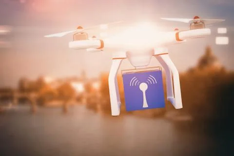 Composite image of digital image of a drone holding a cube Stock Illustration