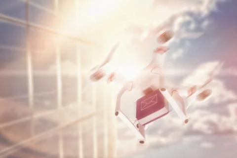 Composite image of digital image of a drone holding a cube Ilustración de archivo