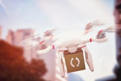 Composite image of digital image of a drone holding a cube Ilustración de archivo