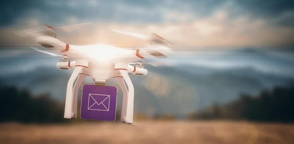 Composite image of digital image of a drone holding a cube Illustrazione stock