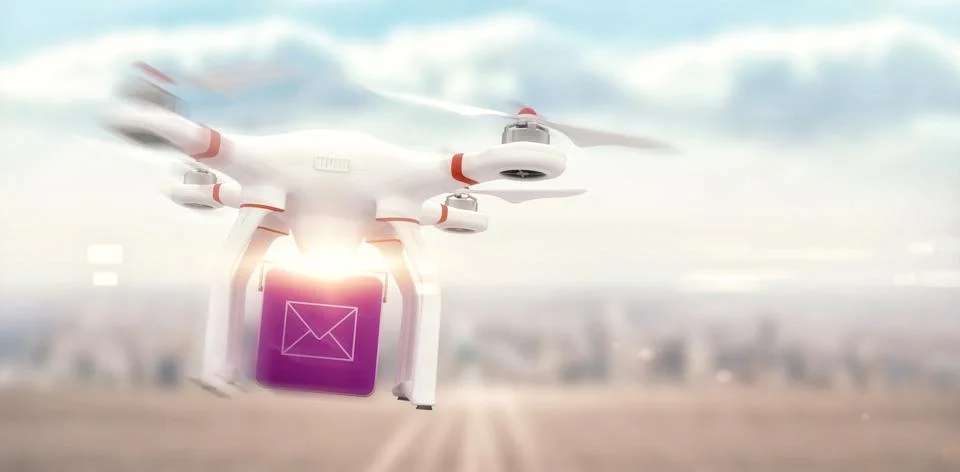 Composite image of digital image of a drone holding a cube Illustrazione stock