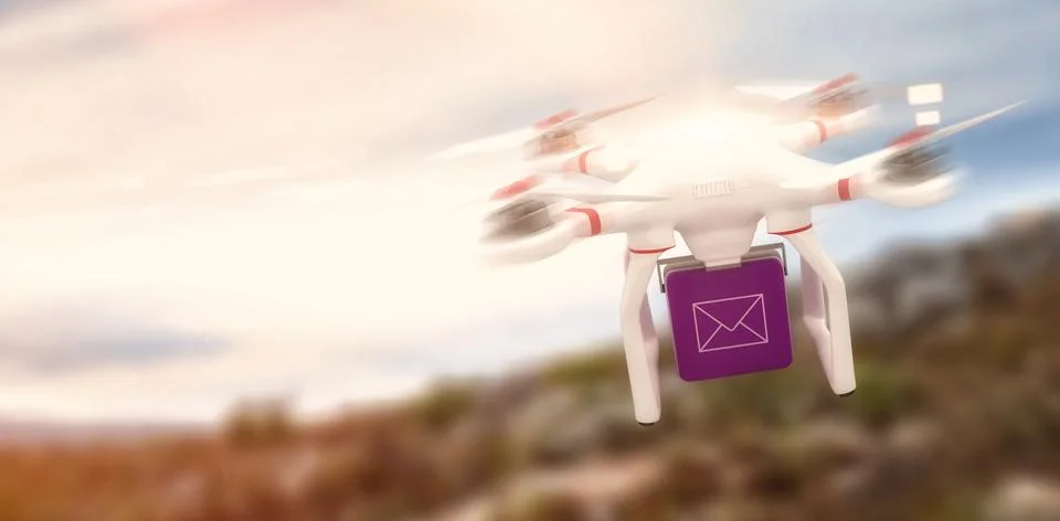 Composite image of digital image of a drone holding a cube Stock Illustration