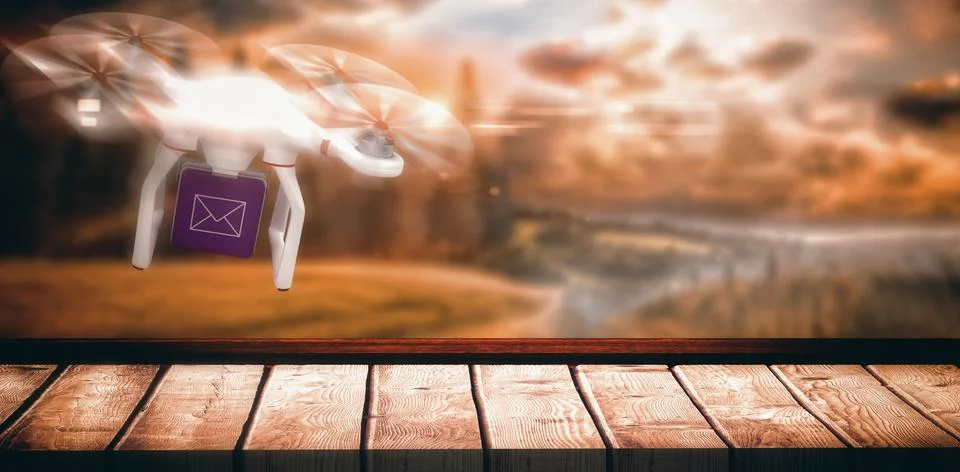 Composite image of digital image of a drone holding a cube Illustrazione stock