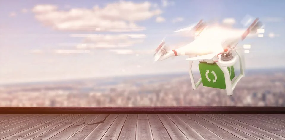 Composite image of digital image of a drone holding a cube Ilustración de archivo