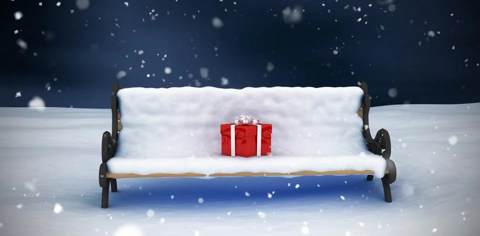 Composite image of digital image of gift box on park bench Stock-Illustration