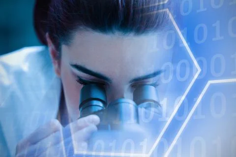 Composite image of digital image of hexagon shape with binary numbers on screen 写真素材