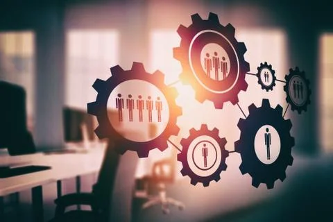 Composite image of digital image of human representations in gears Stock Photos