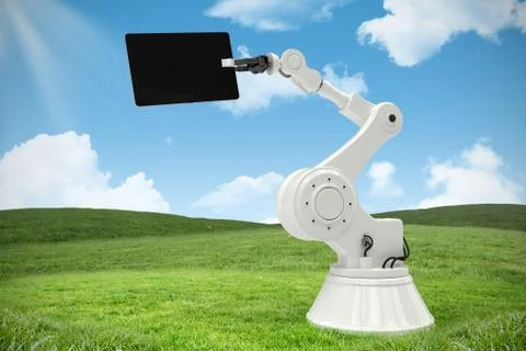 Composite image of digital tablet with robot against white background 3d Illustrazione stock