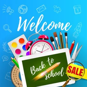 Composite image of digital tablet on students desk showing Welcome back to Stock Illustration