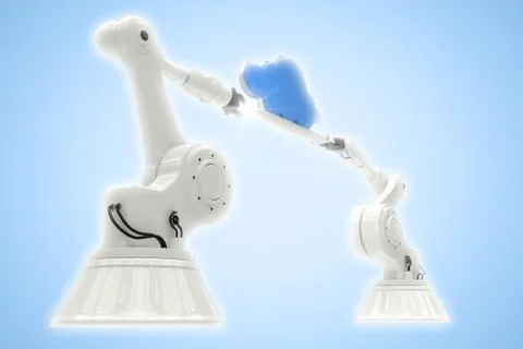 Composite image of digitally composite image of robotic hands holding cloud Stock Photos