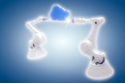 Composite image of digitally composite image of robotic hands holding blue cloud Stock Photos