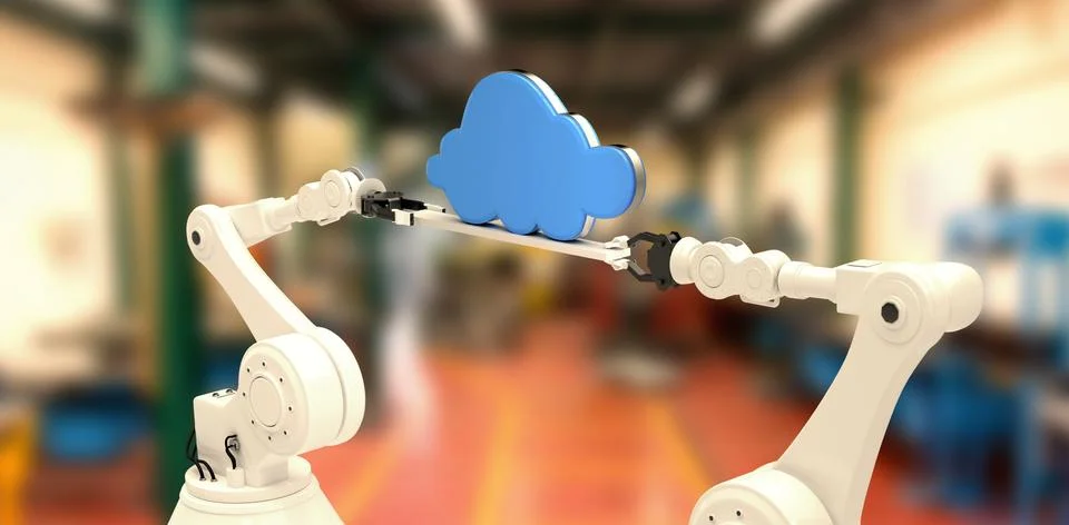 Composite image of digitally composite image of robotic hands holding blue cloud Stock Photos