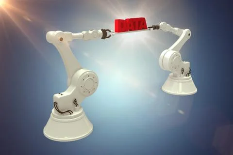 Composite image of digitally composite image of robotic hands holding red data Stock Photos