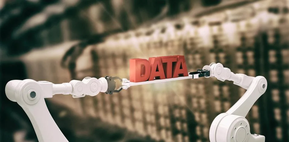 Composite image of digitally composite image of robotic hands holding red data Stock Photos