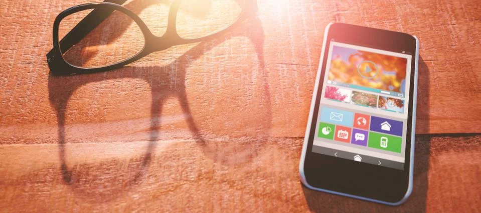 Composite image of digitally composite image of video player with various icons Stock Photos