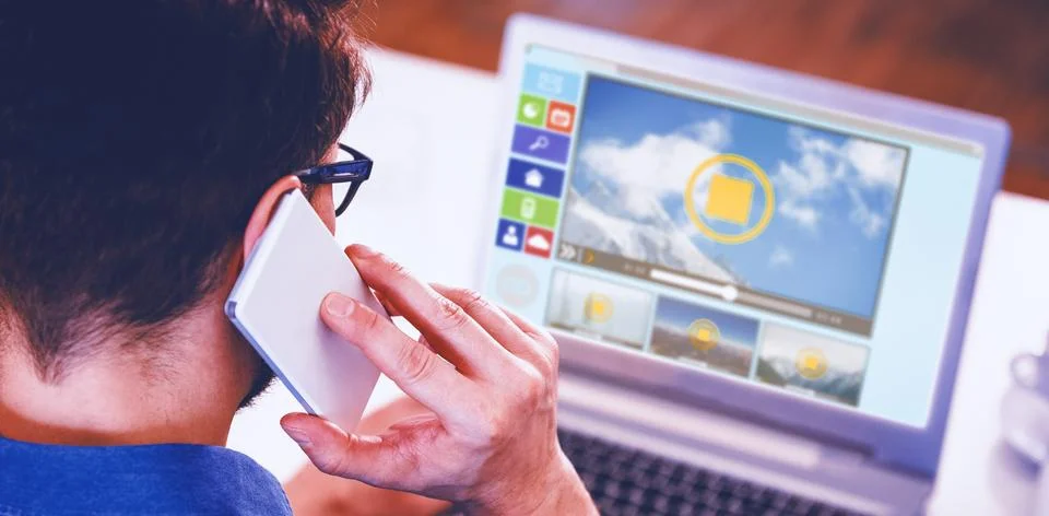 Composite image of digitally composite image of videos and computer icons Stock Photos