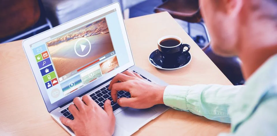 Composite image of digitally composite image of various videos and computer Stock Photos