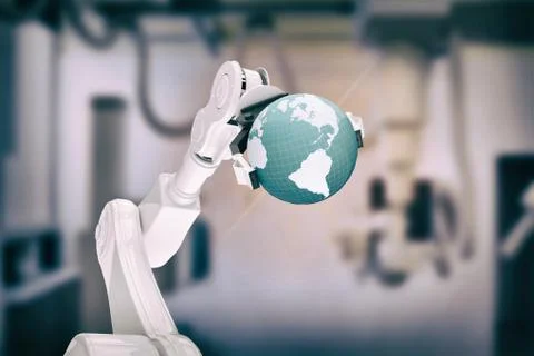 Composite image of digitally generated image of robot holding globe 3d Stock Illustration