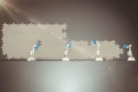 Composite image of digitally generated image of robotic arms arranging blue 스톡 일러스트