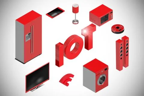 Composite image of digitally generated image of text and appliances icons 3d 库存插图