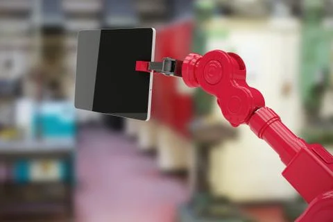 Composite image of digitally generated image of digital tablet held by machine Stock Illustration