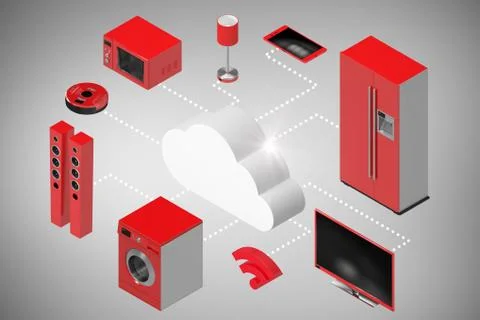 Composite image of digitally generated image of cloud and appliances icons 3d 스톡 일러스트