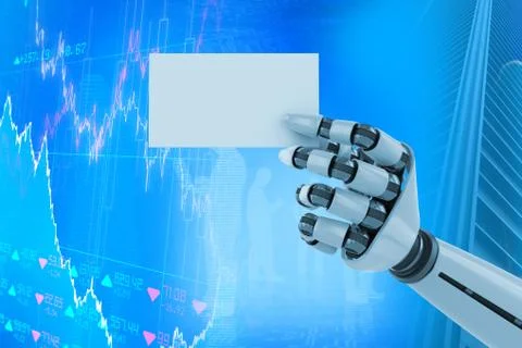 Composite image of digitally generated image of white robotic arm holding Ilustración de archivo