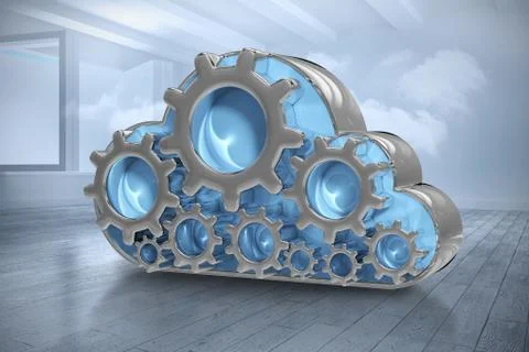 Composite image of digitally generated image of gear in cloud shape 3d Stock Illustration