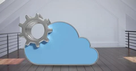 Composite image of digitally generated image of gear by cloud shape 3d Stockillustratie