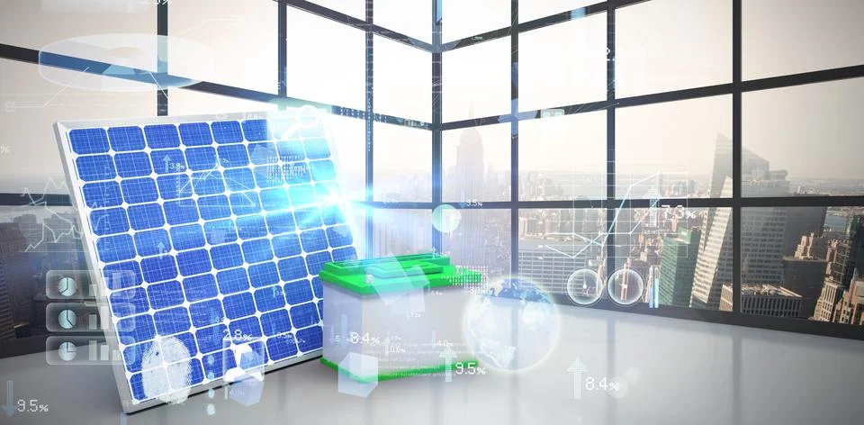 Composite image of digitally generated image of 3d solar panel with battery Stock Illustration