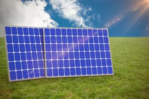 Composite image of digitally generated image of 3d solar panels Stock Illustration